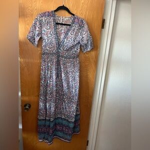 Karni 100% cotton batik Paisley boho V-Neck Maxi Dress XS